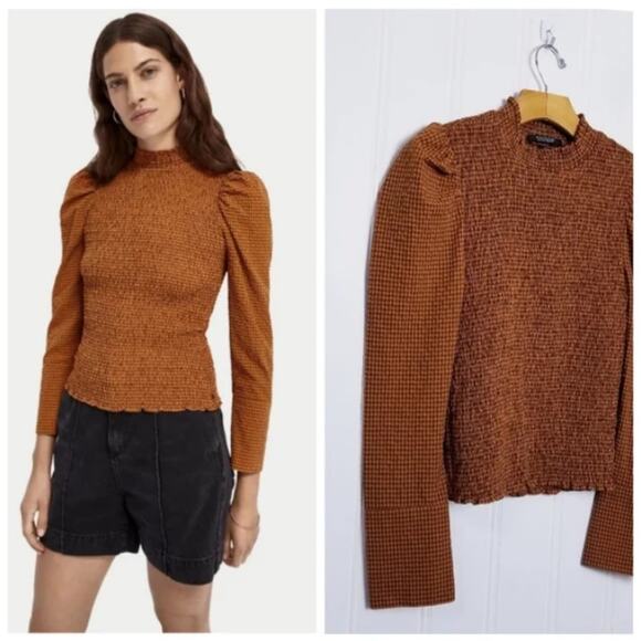 Scotch & Soda Smocked High Neck Top brown check gingham puff sleeve blouse FallS - Picture 1 of 15